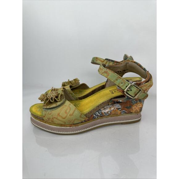 L’Artiste Spring Step 3D Floral Geo Wedge Size 40 Green Orange Yellow - Picture 8 of 16